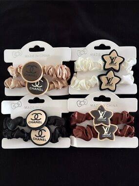 Fashion Star and Round Satin Scrunchie Set - Cream, Brown, Black, Tan Set Of 4